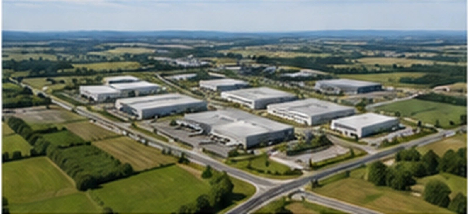 Gewerbegebiet mit Hallen, Betriebsflächen und Zufahrten